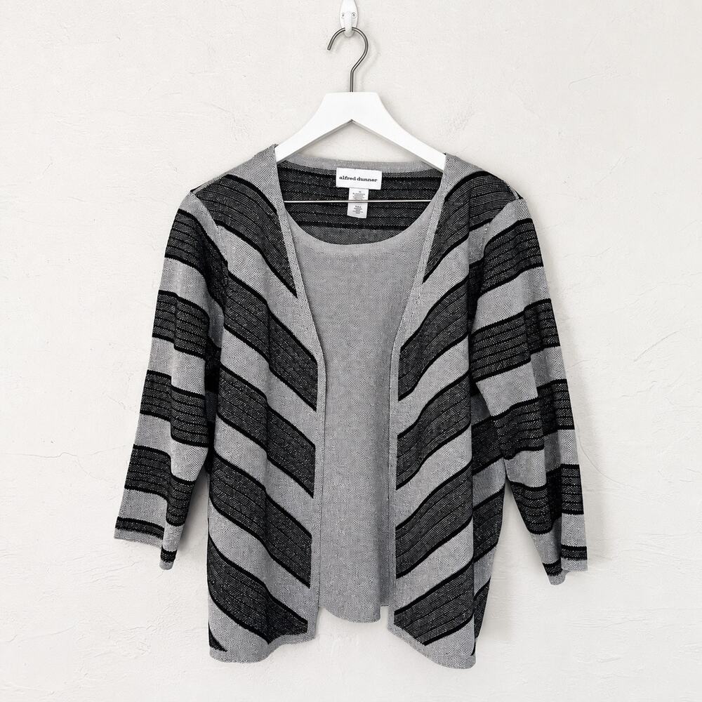 Alfred Dunner Gray Black Metallic Stripe Open Front Cardigan Top M